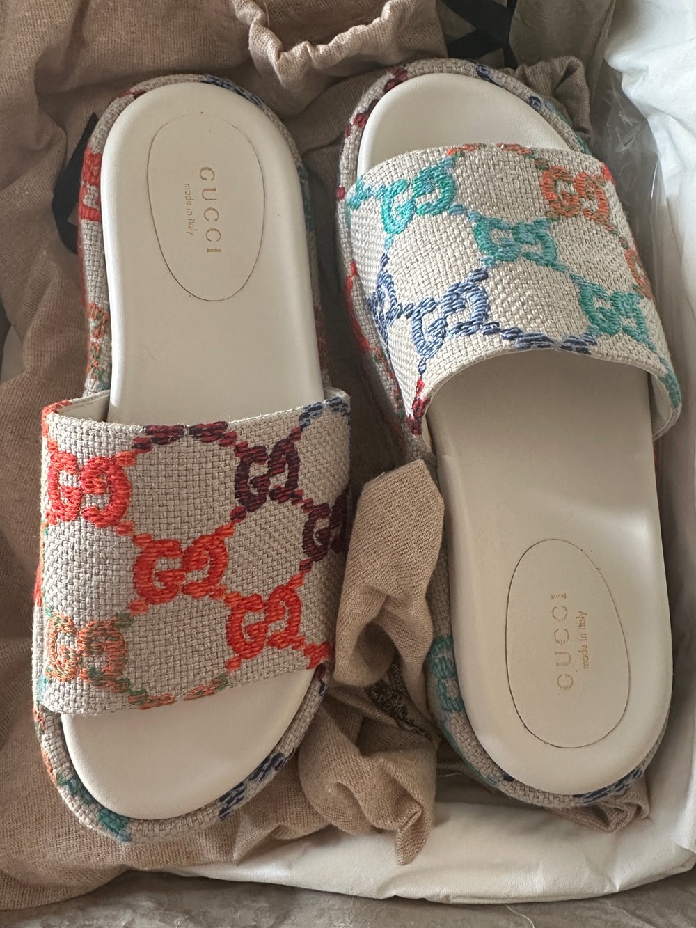 Gucci Multicolor Embroidered GG Canvas Slide Sandals - Cream Base